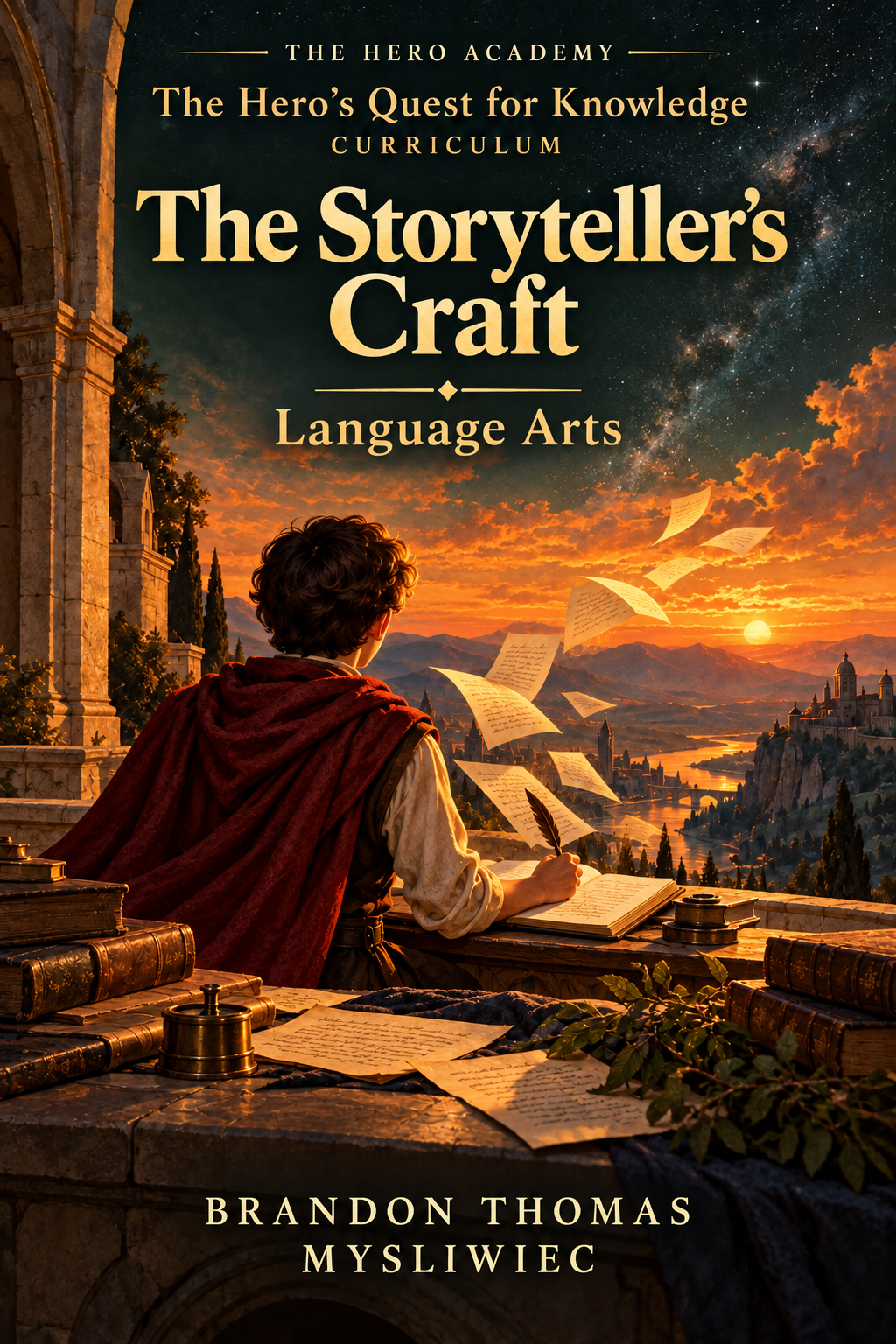 The Storyteller’s Craft illustrated curriculum cover, with an academy and a burgundy-caped learner