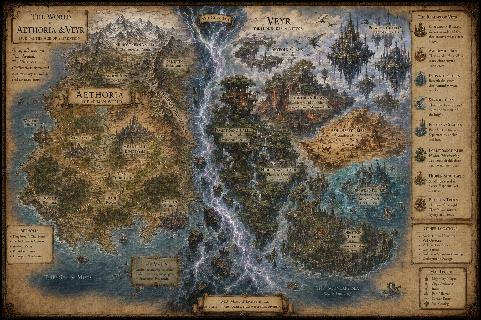 Map of Aethoria and Veyr, divided by the Veils