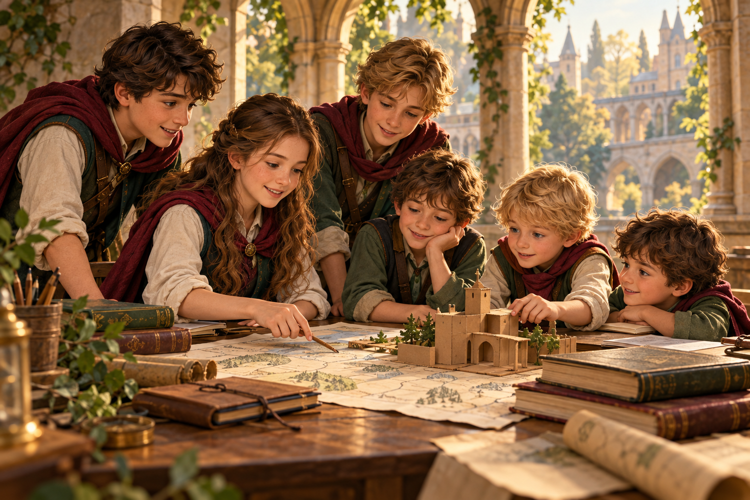 An illustrated group of six young story characters working together on a map and prototype