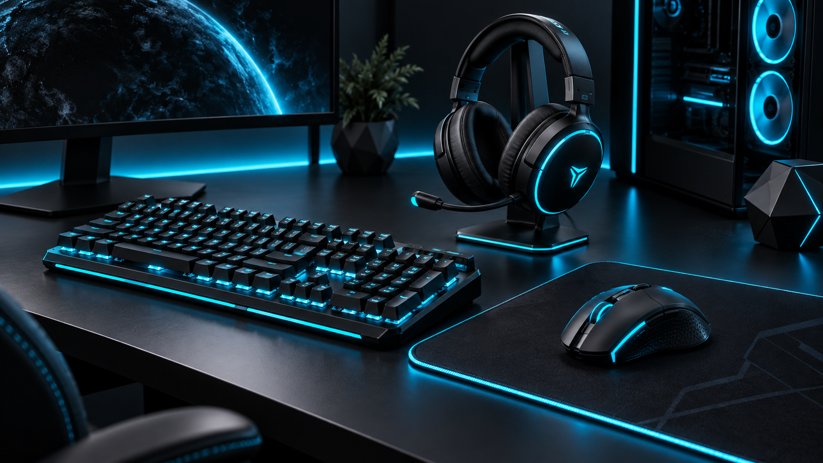 A full BrexLabs desk setup — headset, keyboard, mouse and mousepad, lit in cyan