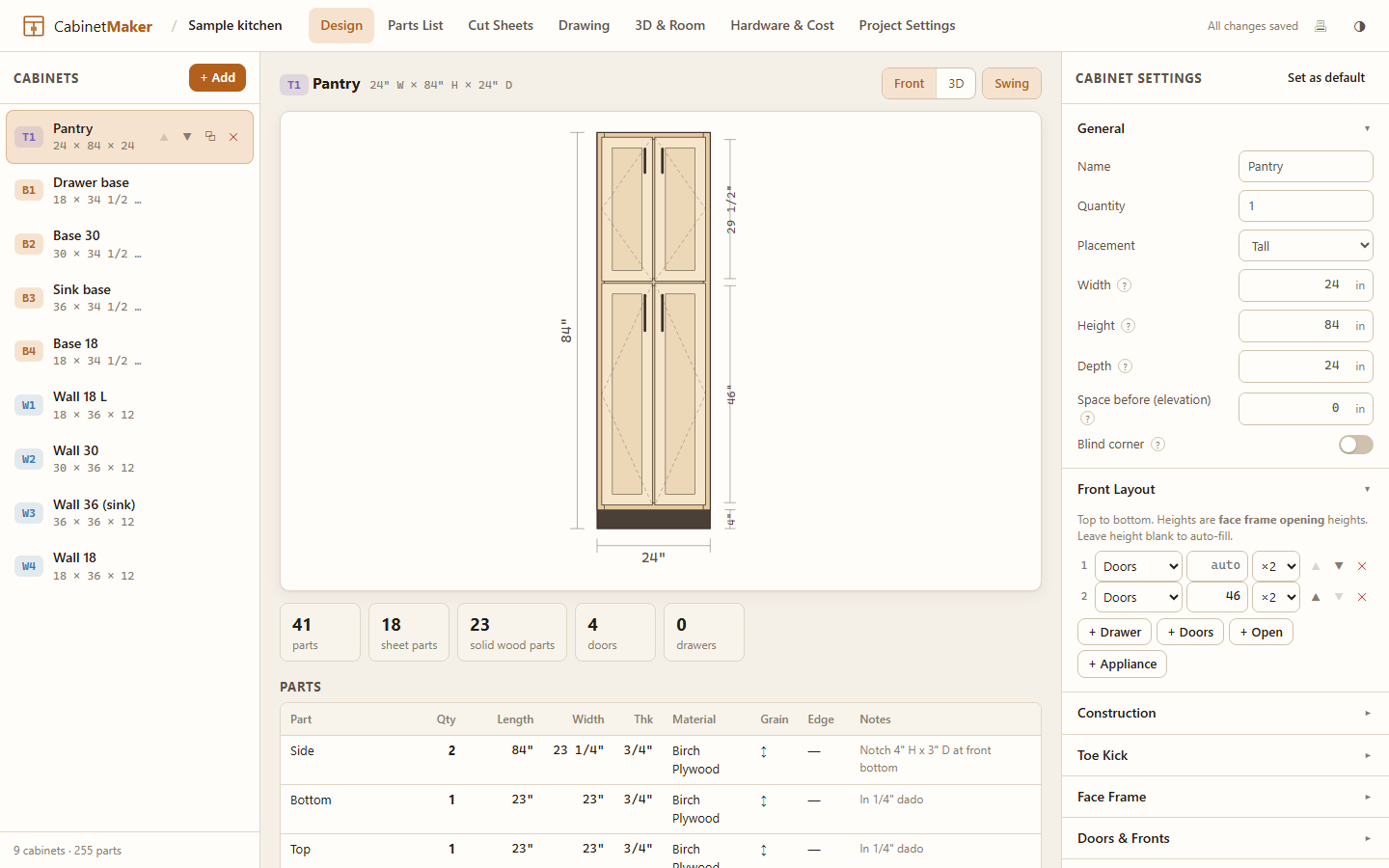 Cabinet Maker design screen with a sample kitchen