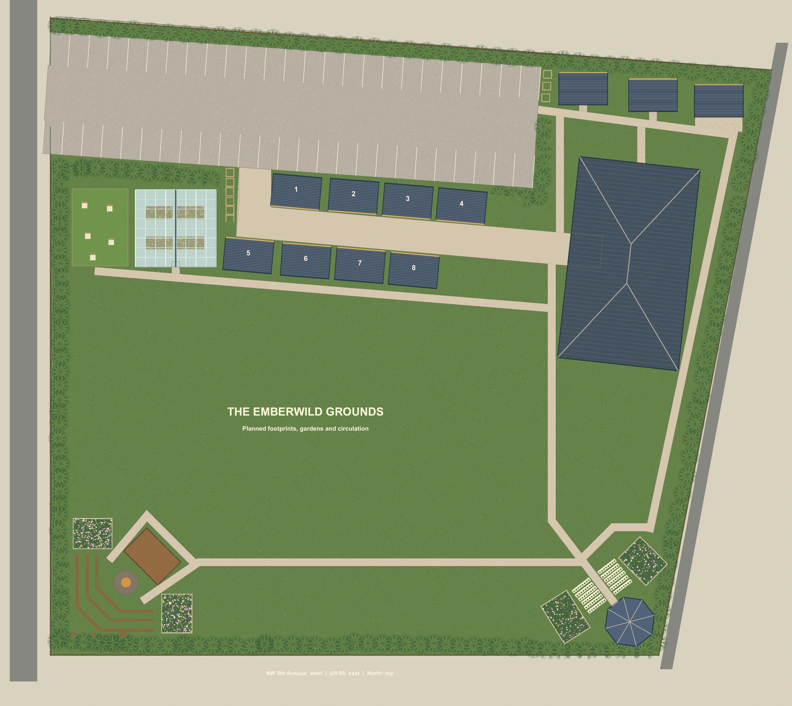 Planned site layout with eight shops, ten portable toilets, fifty parking spaces and two pavilions