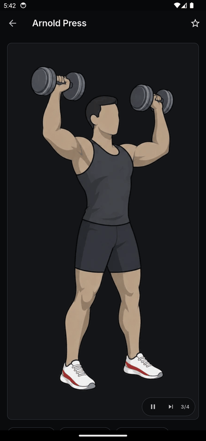 The Arnold Press page showing an illustrated figure pressing two dumbbells overhead, with playback controls stepping through the frames of the movement.