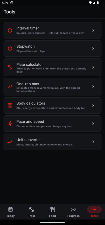 The Tools screen listing an interval timer, stopwatch, plate calculator, one-rep max estimates, body calculators, pace and speed, and a unit converter, each with a one-line description.