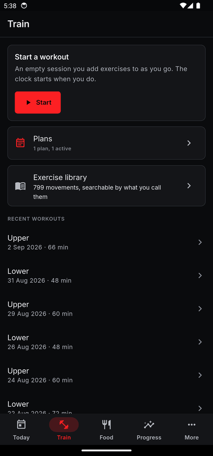 The Train screen: a card to start an empty workout, links to Plans and to the exercise library of 799 movements, and a list of recent workouts with their dates and durations.