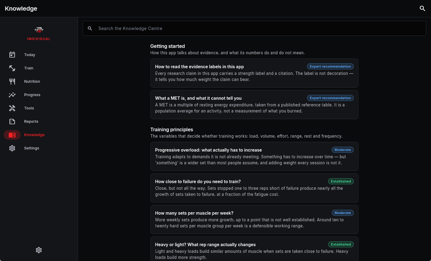 The Knowledge screen on Windows: searchable articles grouped by topic, each with an evidence label such as Established or Moderate beside its title.