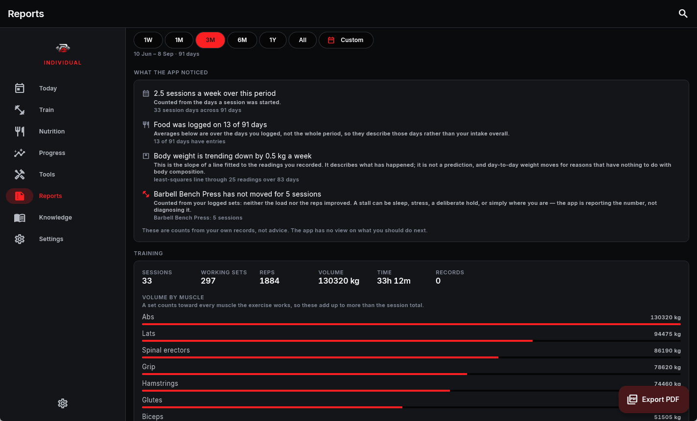 A report on Windows: the observations the app counted, each with the figure it came from, and the training totals and volume-by-muscle bars visible underneath at the same time.