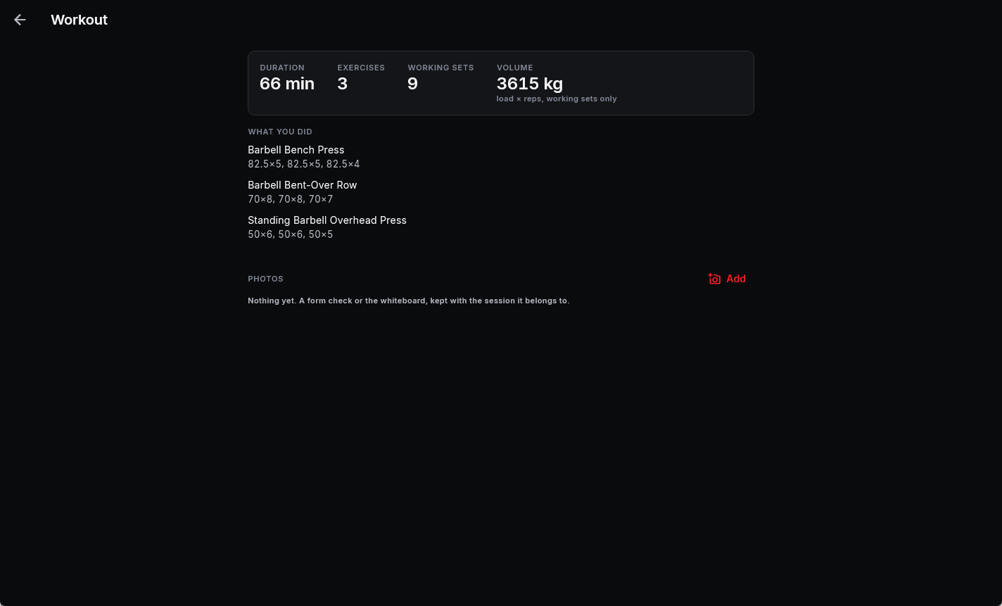 A finished workout on Windows: duration, exercises, working sets and volume across one row, then each exercise with the load and reps of every set.