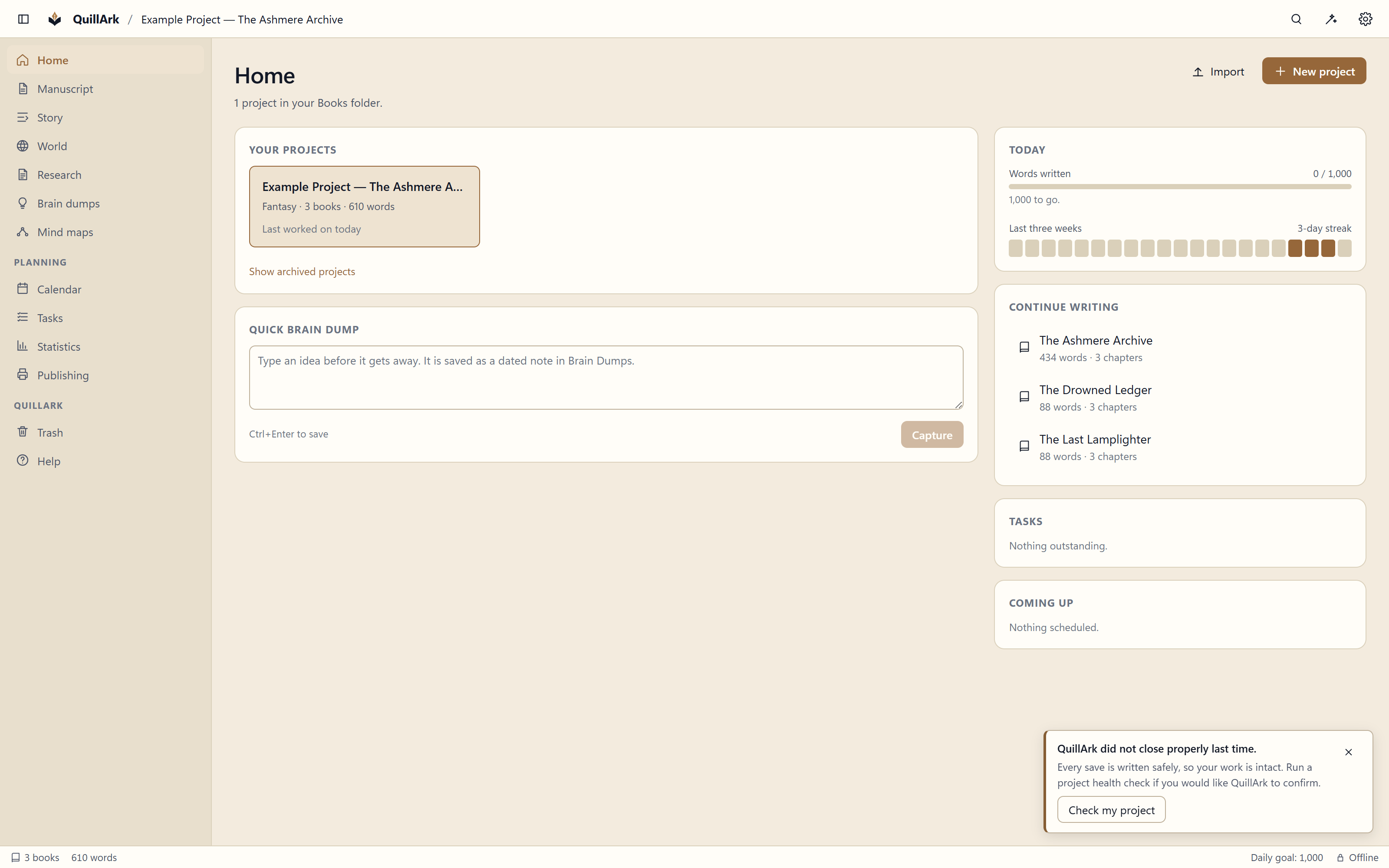 The QuillArk home screen listing writing projects with their genre, book count and word count, and the date each was last worked on.