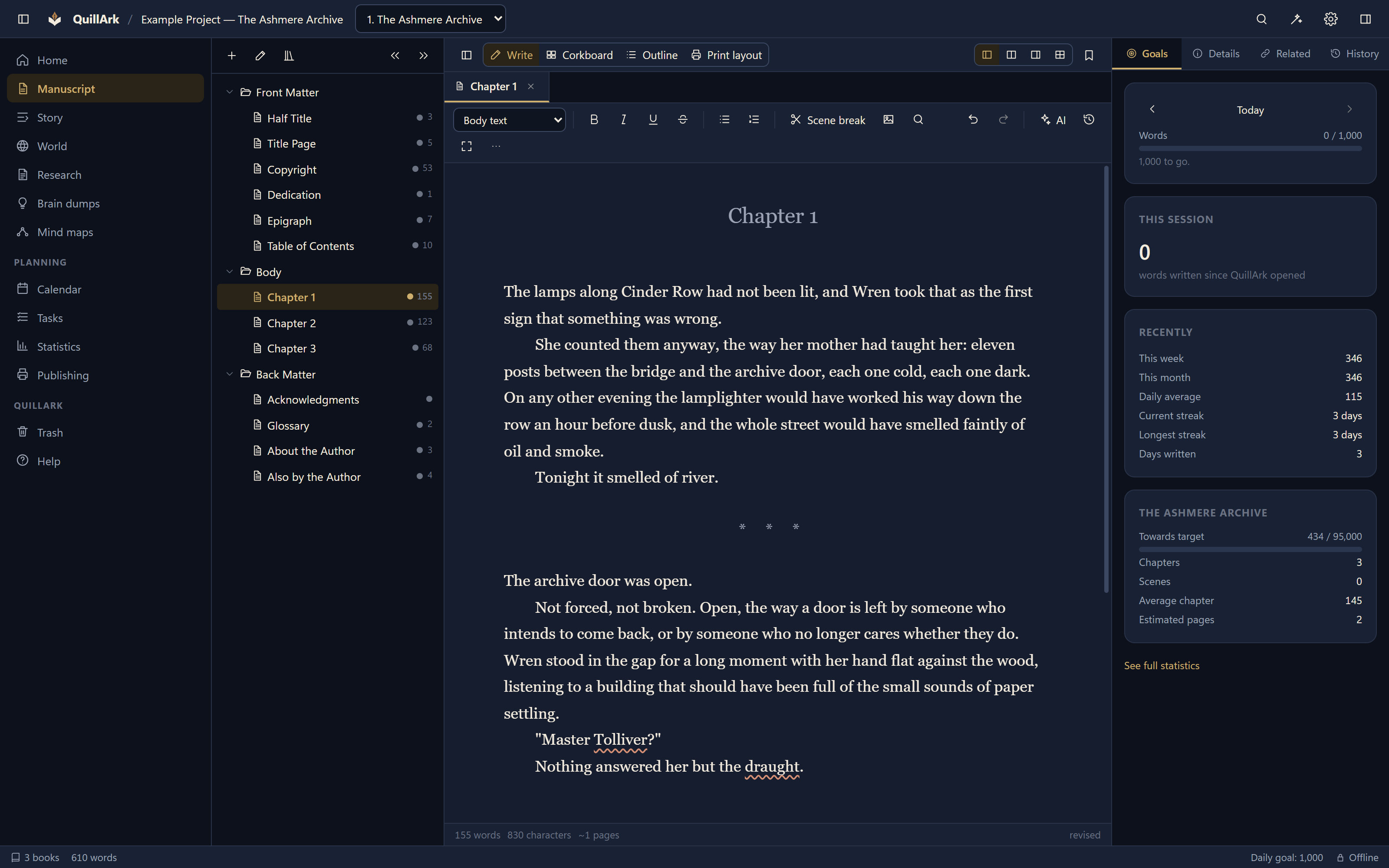 The QuillArk manuscript editor showing a draft chapter, with the formatting toolbar above it and live word counts in the status bar.