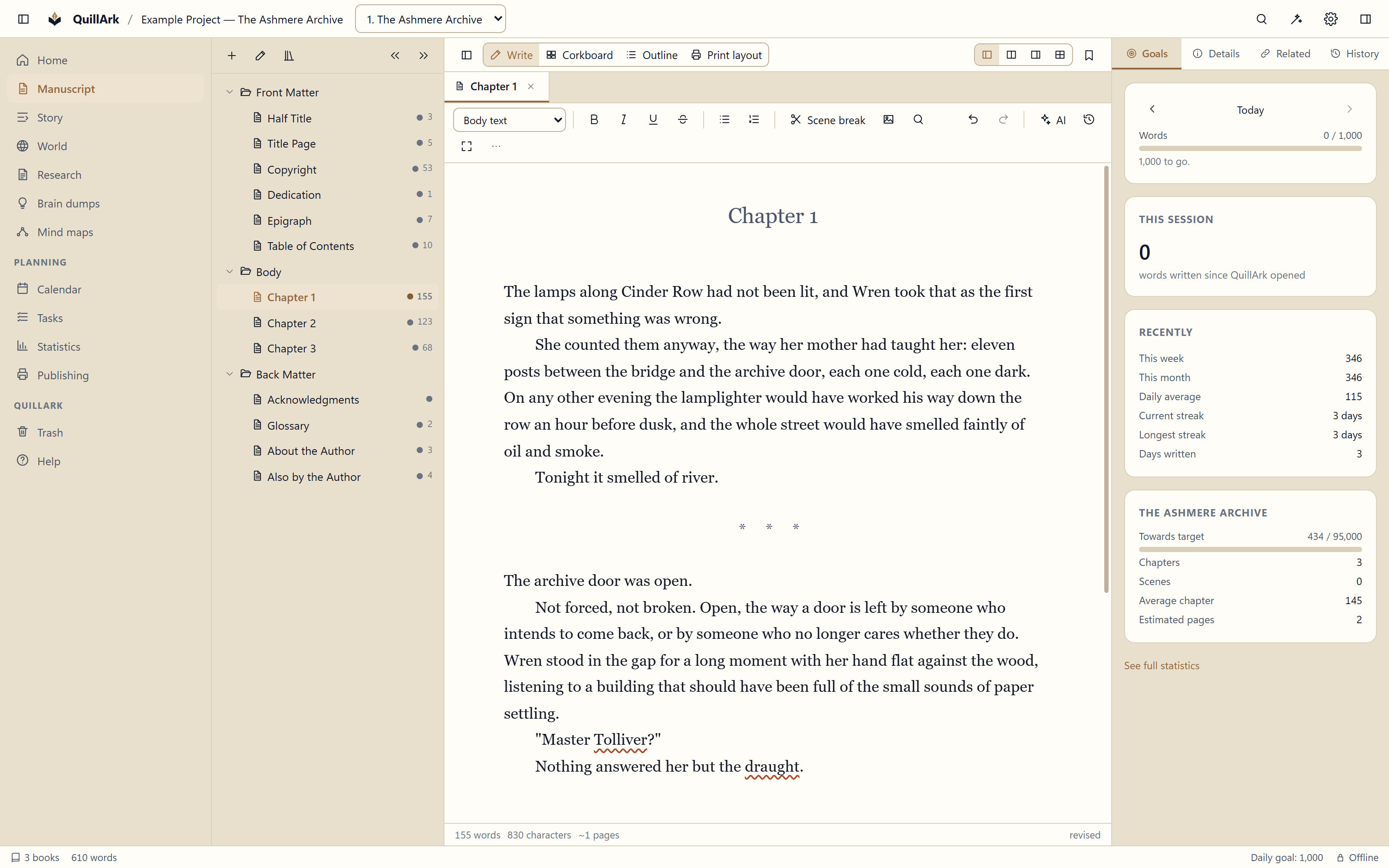 The QuillArk manuscript editor showing a draft chapter, with the formatting toolbar above it and live word counts in the status bar.