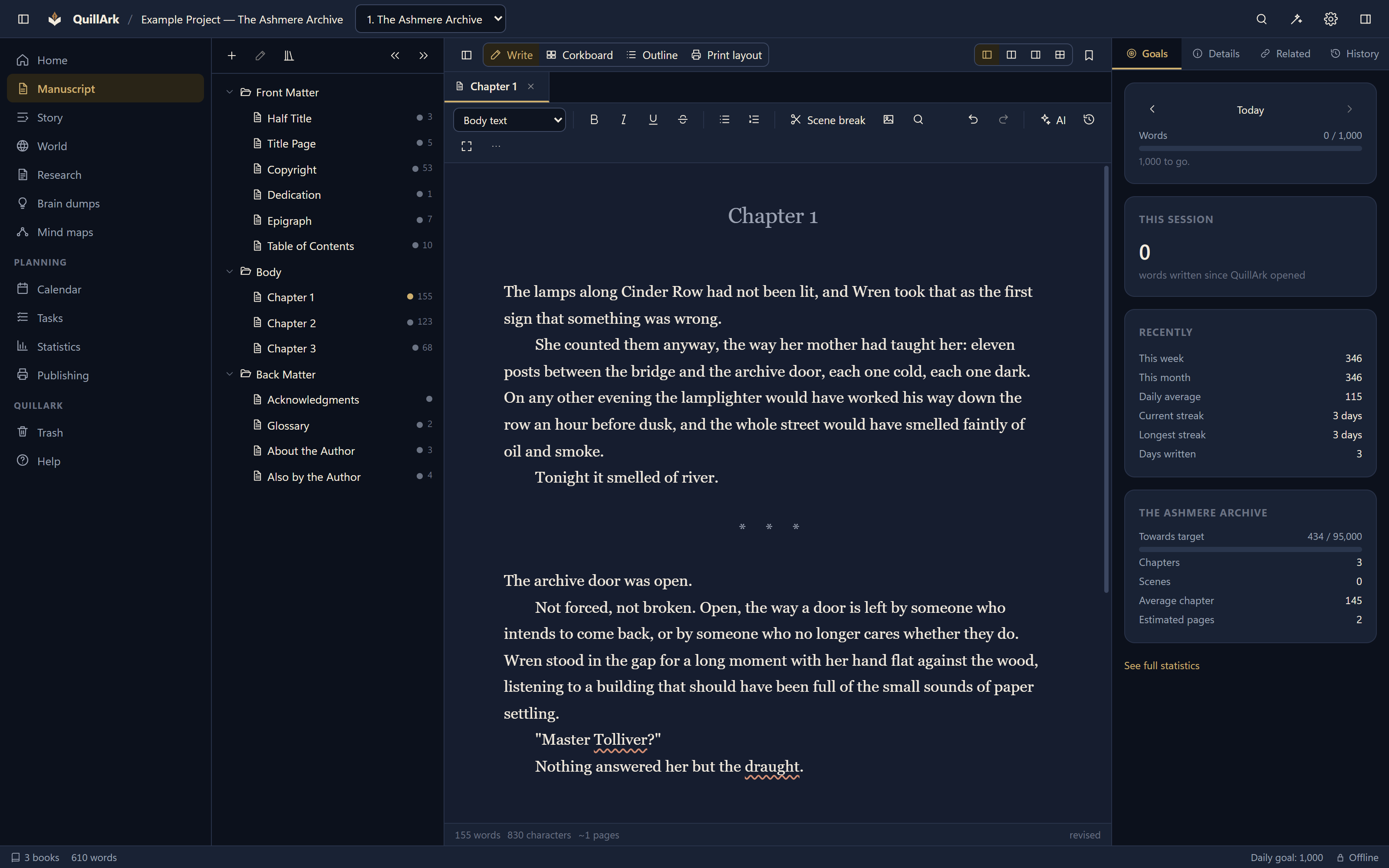 A QuillArk book open in the manuscript view, with front matter, chapters and back matter listed in a drag-and-drop tree beside the editor.