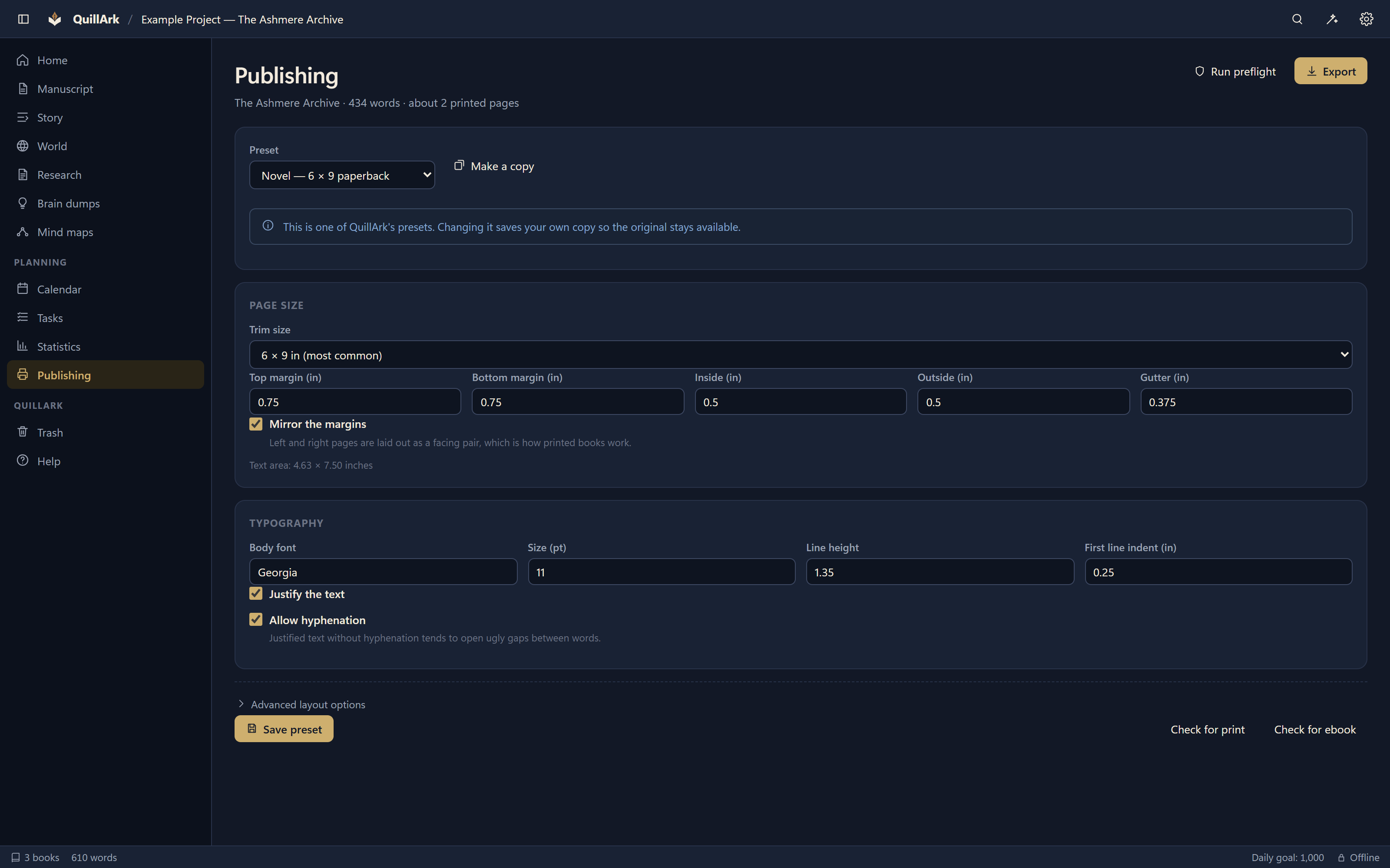 The QuillArk publishing view showing a print preset with trim size, margins and typography, beside a preflight report.