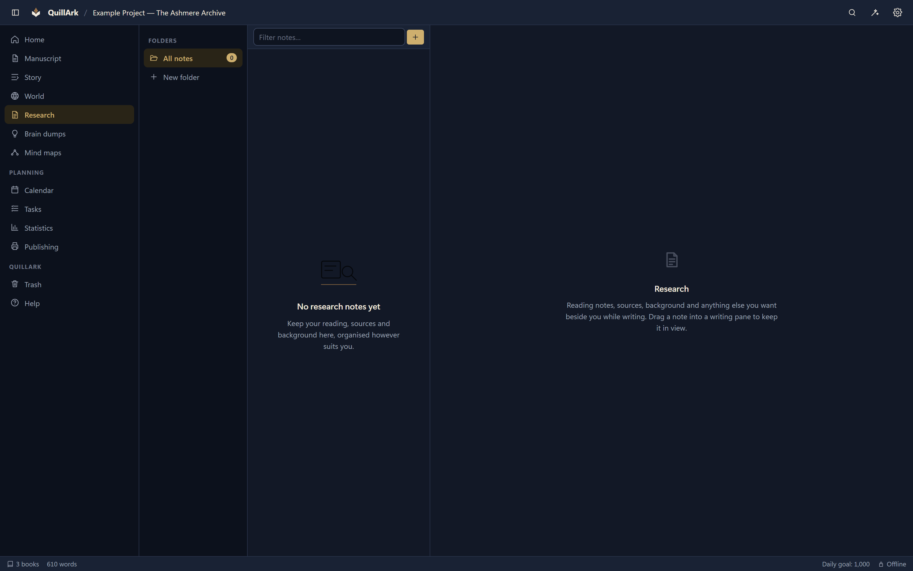 The QuillArk research view with notes organised in folders and one note open for reading.