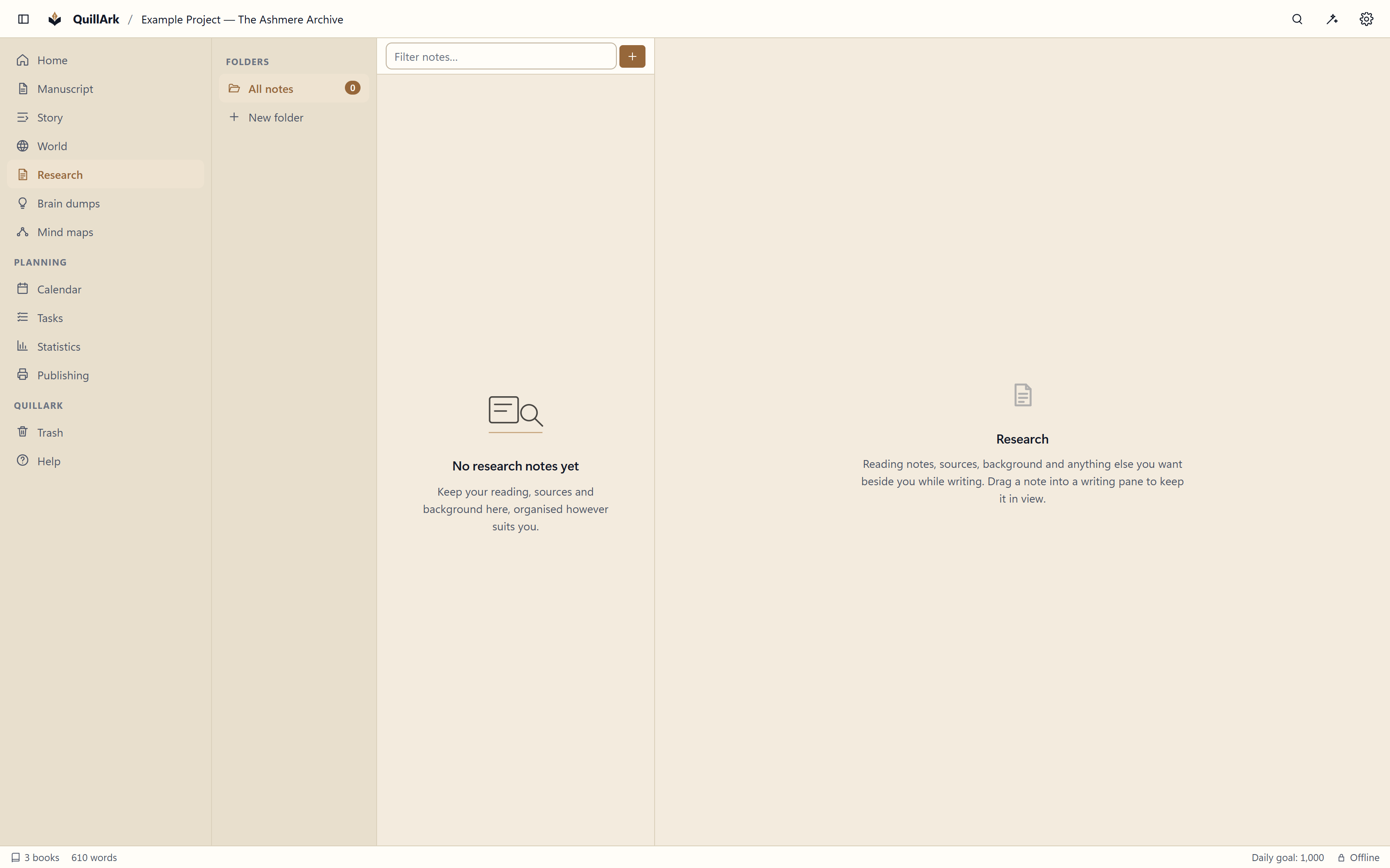 The QuillArk research view with notes organised in folders and one note open for reading.