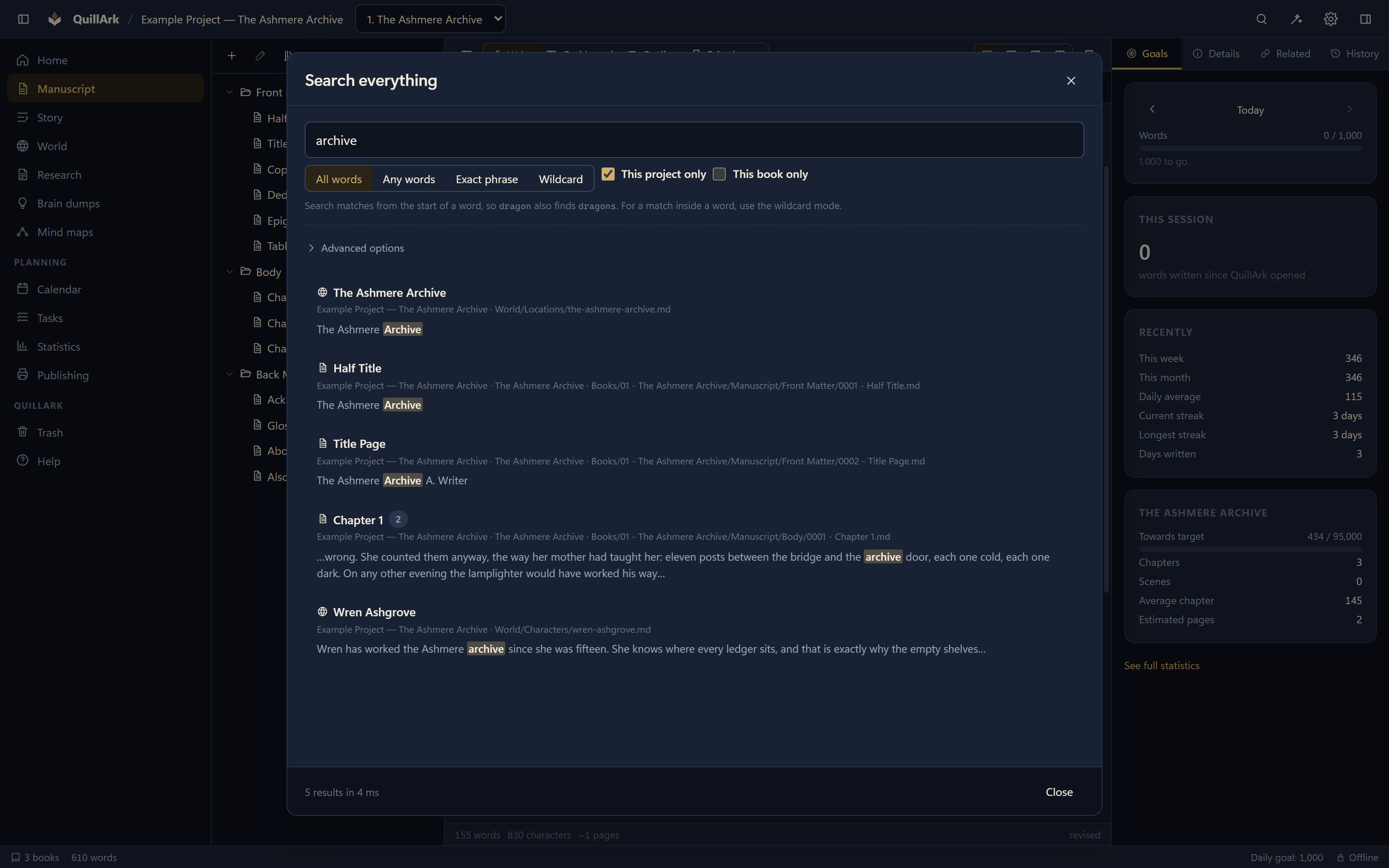 The QuillArk search dialog showing matches for a word across chapters, characters and research notes, with the surrounding sentence for each hit.