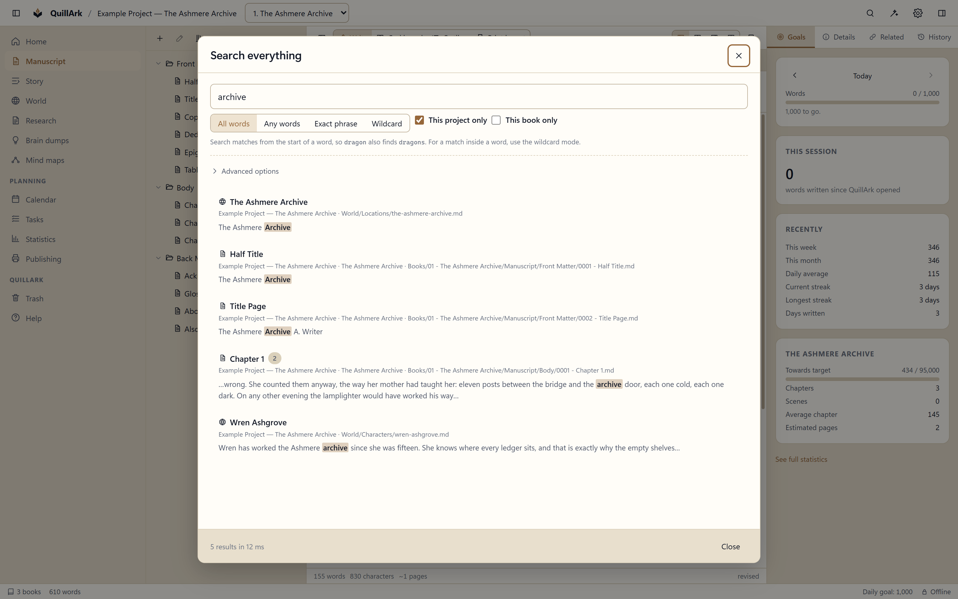 The QuillArk search dialog showing matches for a word across chapters, characters and research notes, with the surrounding sentence for each hit.