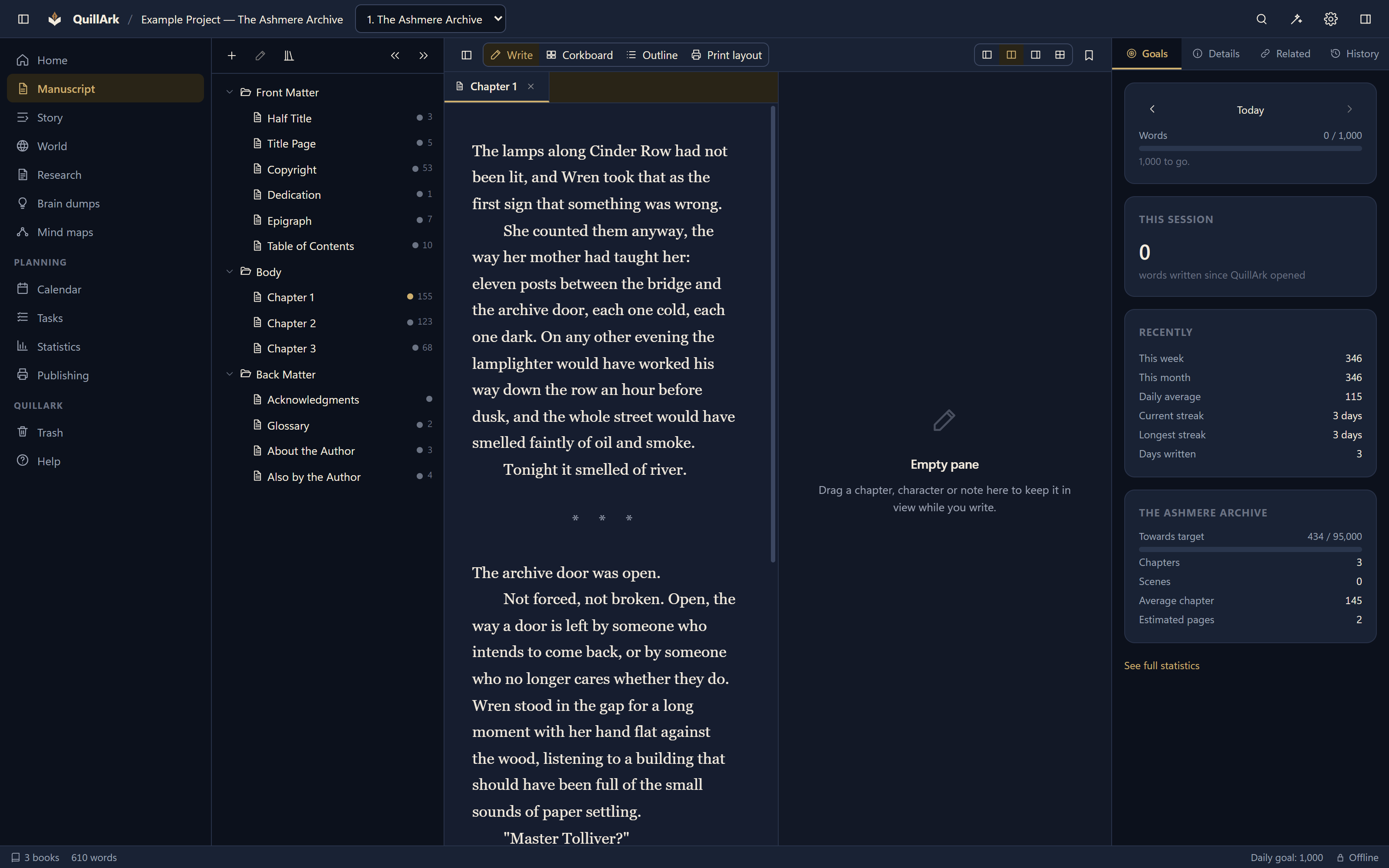 QuillArk in split view, with a manuscript chapter open in the left pane and a second document beside it in the right.