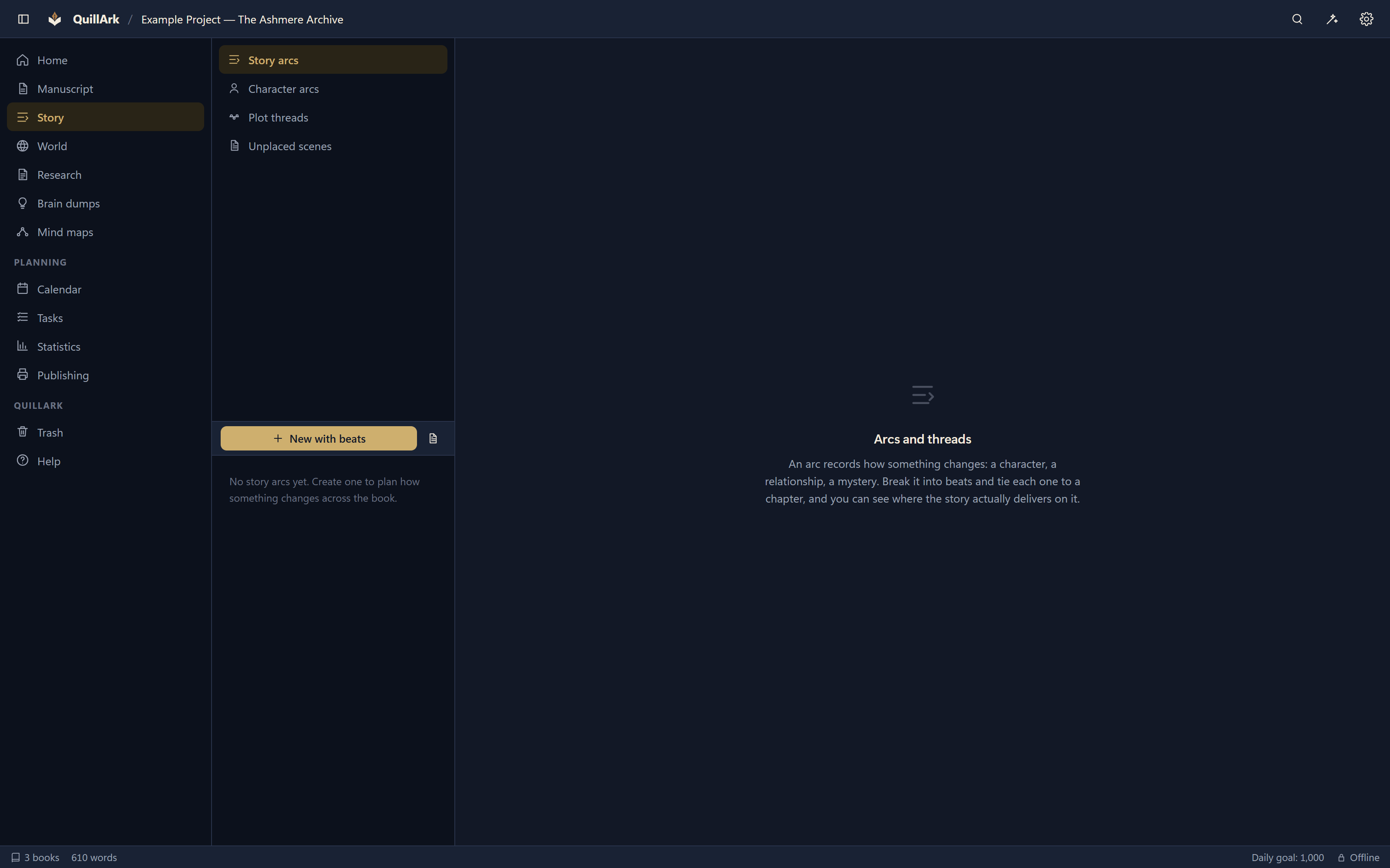The QuillArk story view showing an arc broken into beats, each tied to the chapter where it lands.