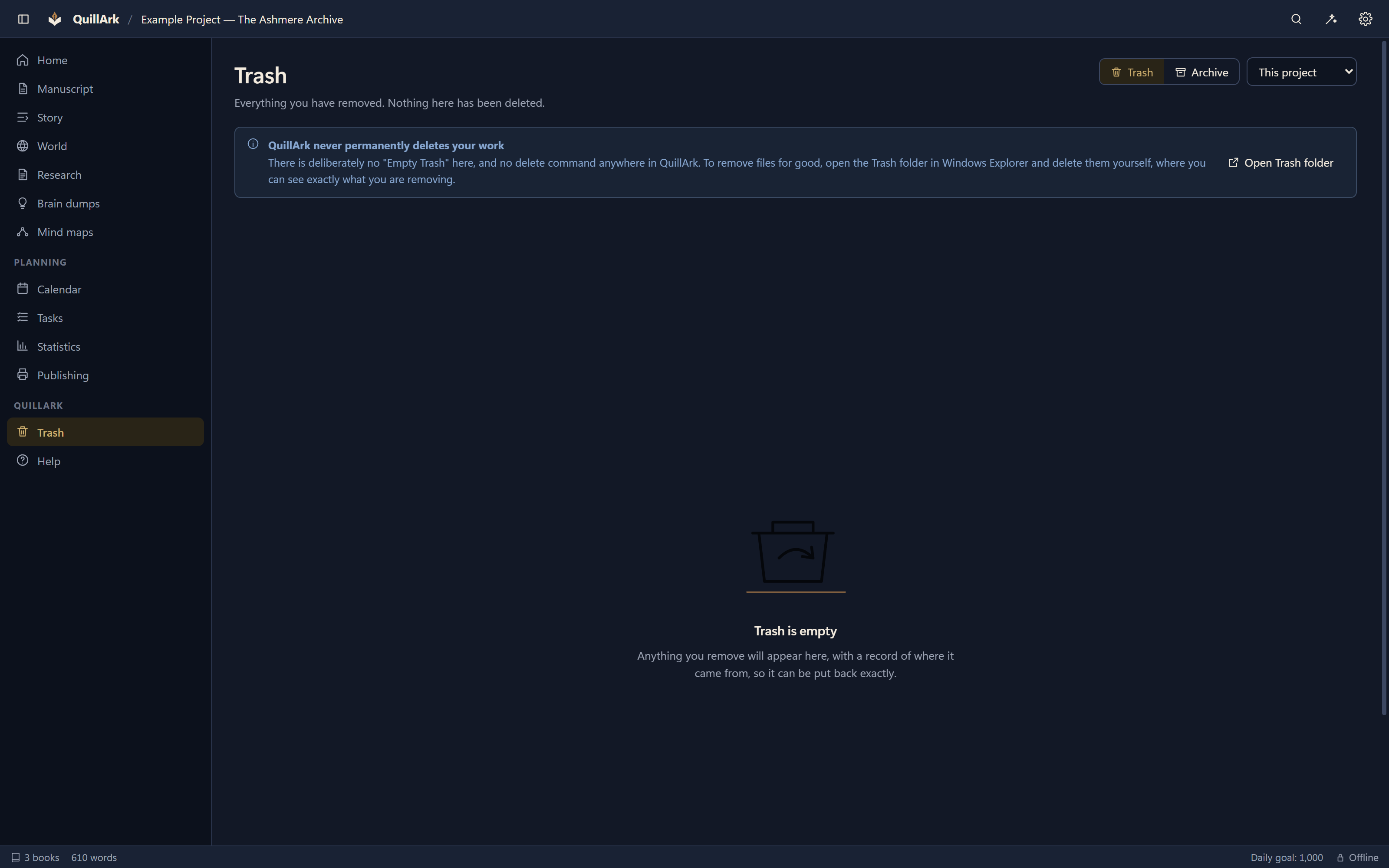 The QuillArk Trash view listing removed items with the date each was removed and a button to restore it.