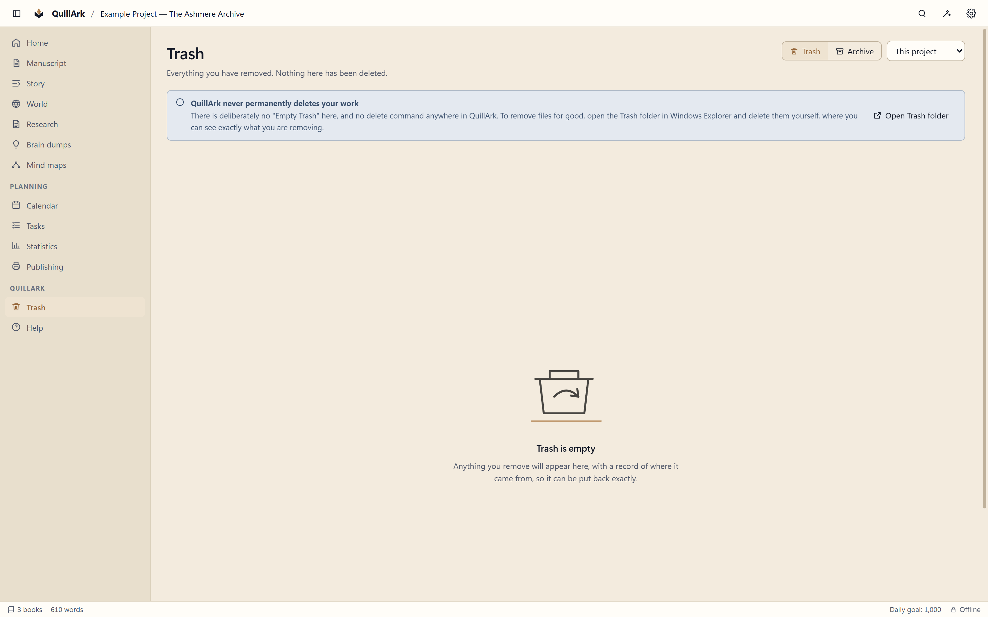 The QuillArk Trash view listing removed items with the date each was removed and a button to restore it.