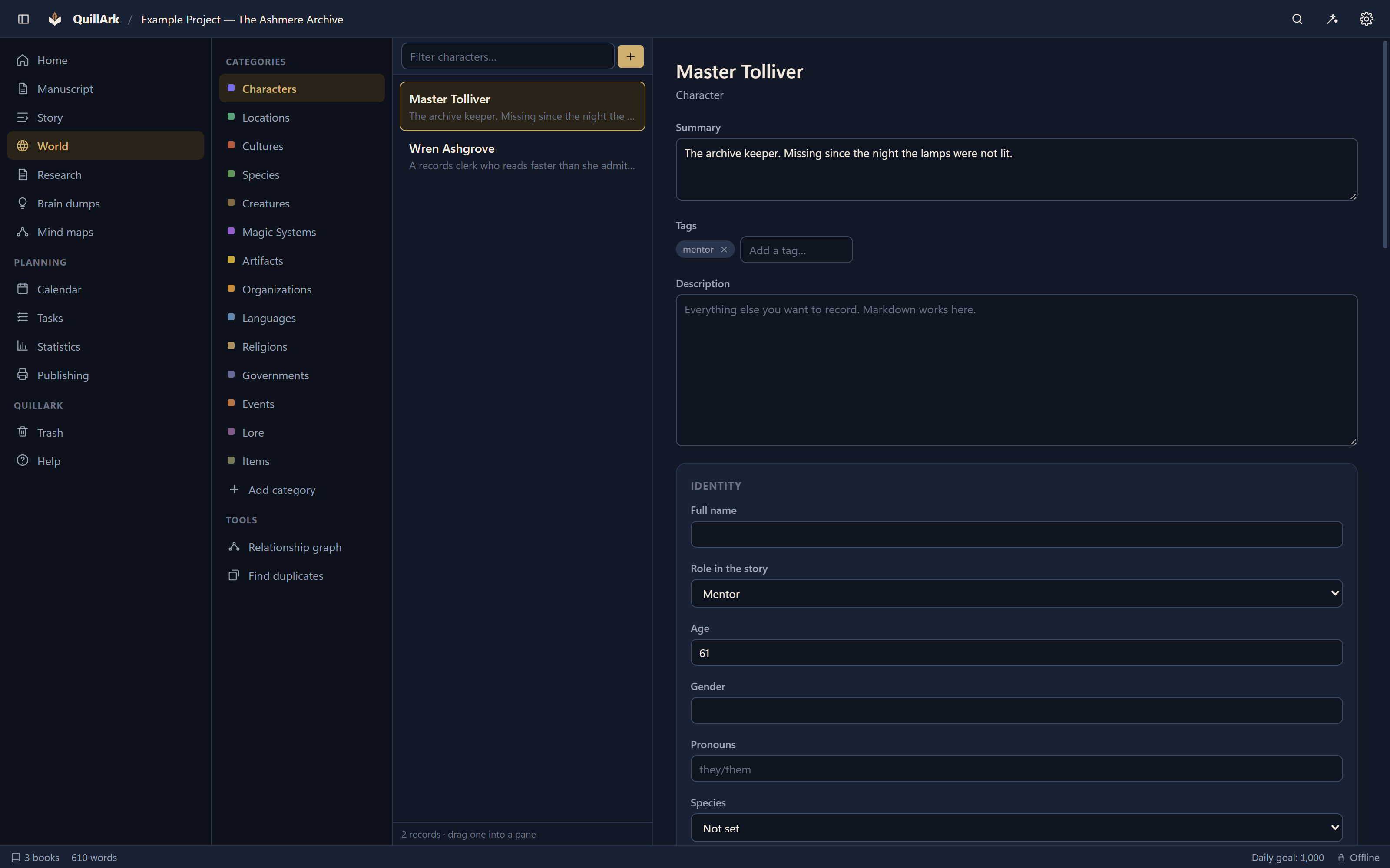 The QuillArk worldbuilding view listing characters, locations and other record categories, with a selected character profile open beside the list.