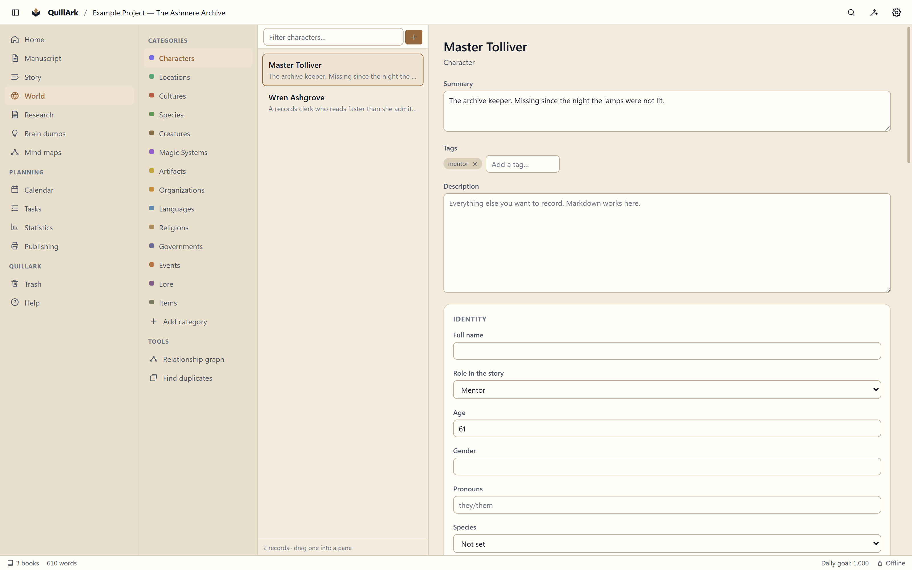 The QuillArk worldbuilding view listing characters, locations and other record categories, with a selected character profile open beside the list.