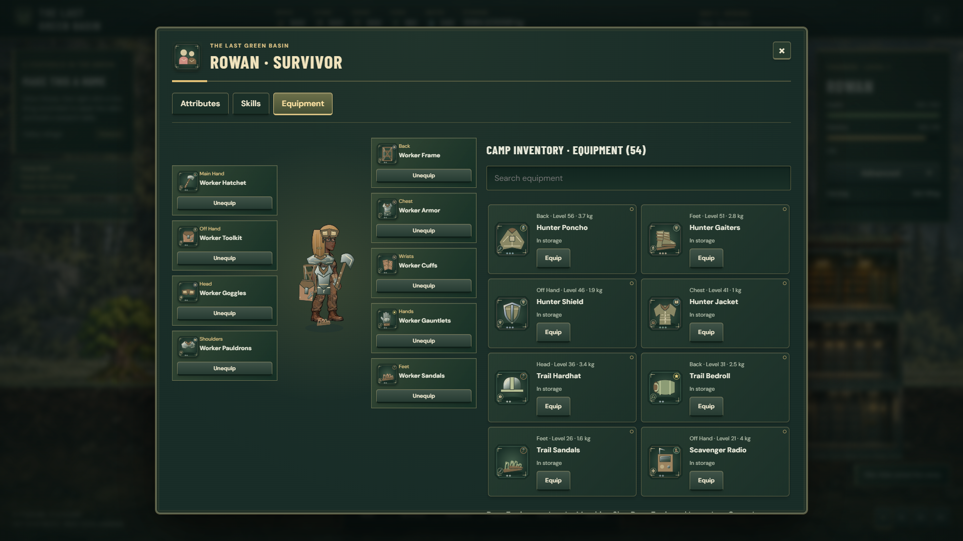 Actual 0.6 survivor equipment interface with nine body slots, equipped item illustrations and the camp owned equipment pool