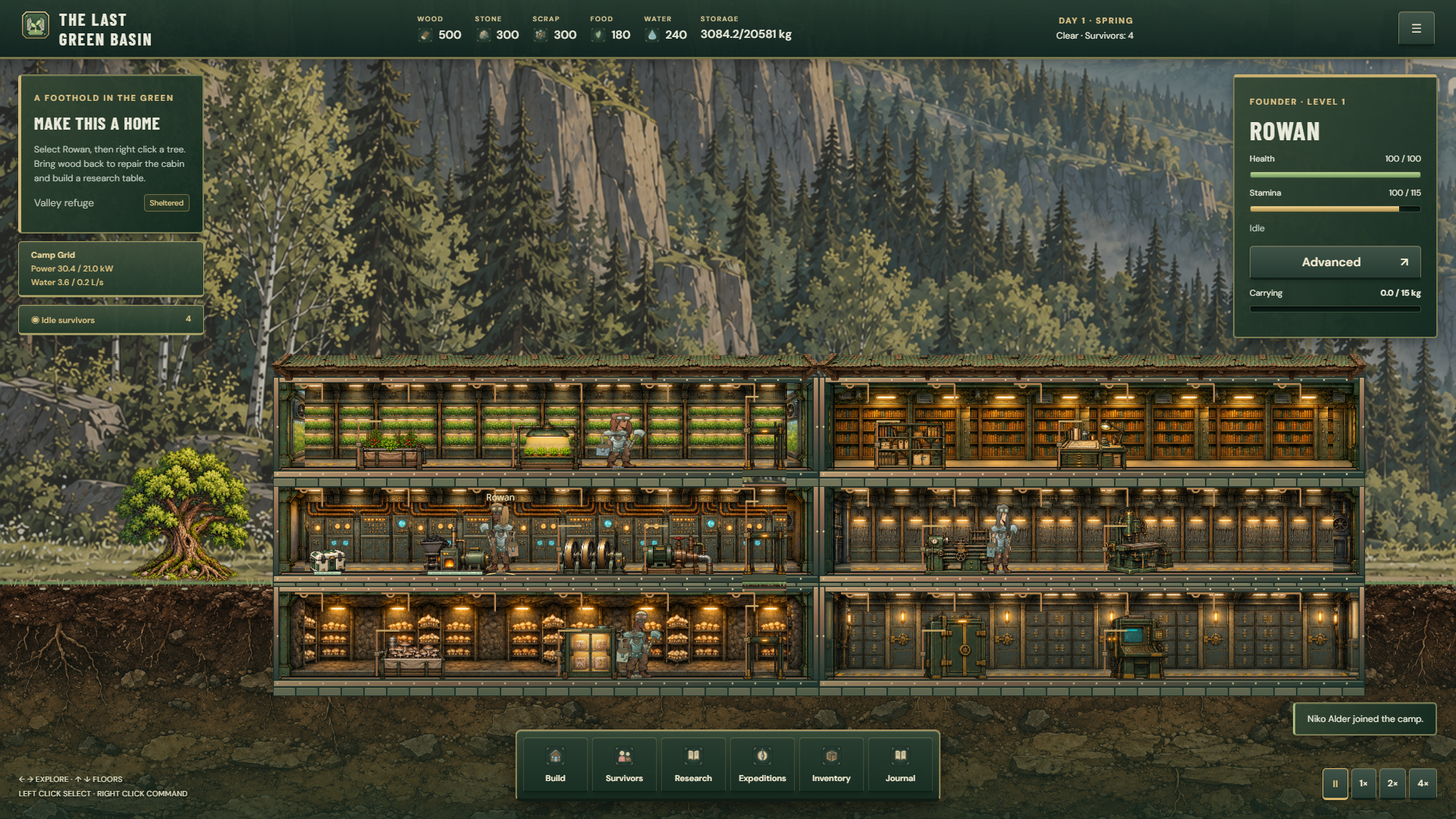 Actual 0.6 cutaway renderer showing a debug-staged advanced colony with six specialized facilities and powered elevators in the green valley