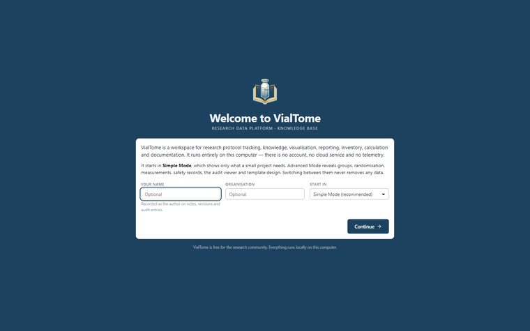 Welcome screen — The first-run screen: name, mode and nothing else required.