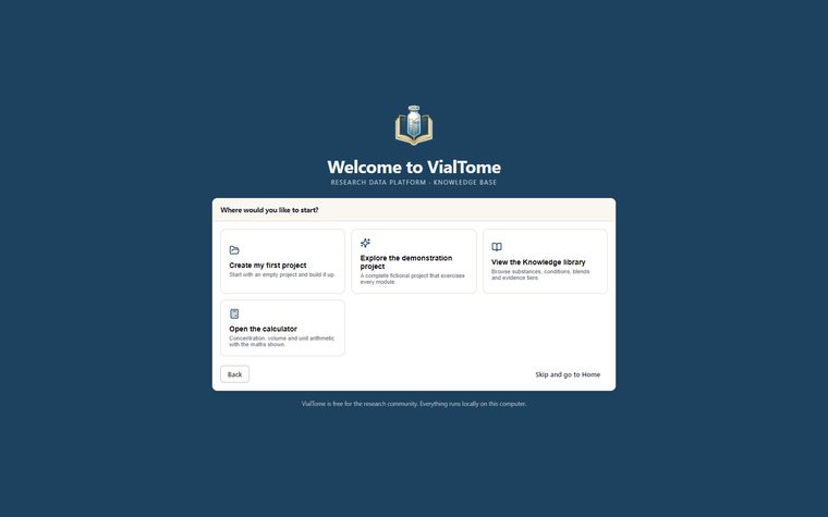 Four ways to begin — Create a project, explore the demonstration, browse Knowledge, or open the calculator.