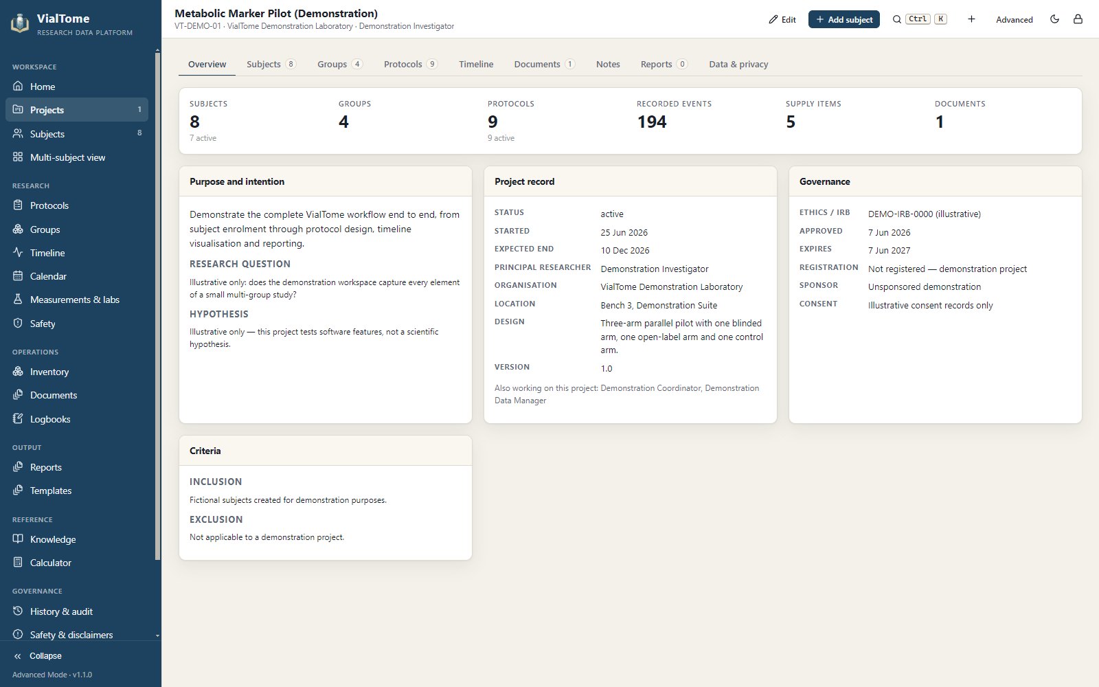 VialTome project dashboard showing counts, purpose and the project record