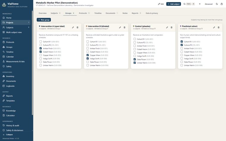 Groups — Arbitrary groups with colours, blinded labels and membership checkboxes.