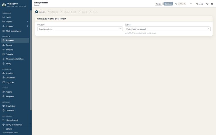 Protocol editor — A guided five-step editor beginning with the subject.