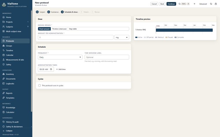 Dose and schedule — Dosing, schedule and cycles with a live preview beside them.