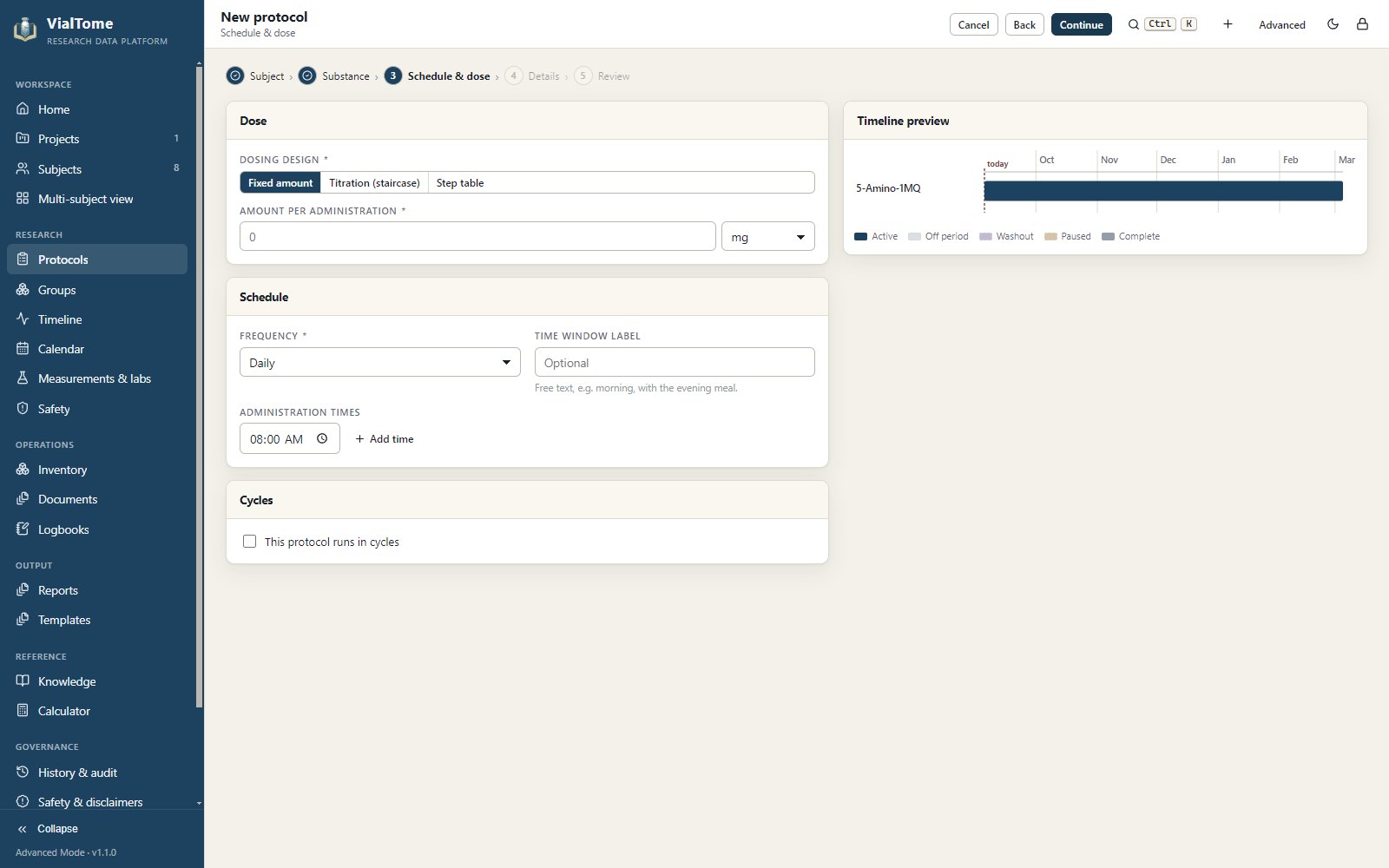 VialTome titration editor with live timeline and dose-over-time preview