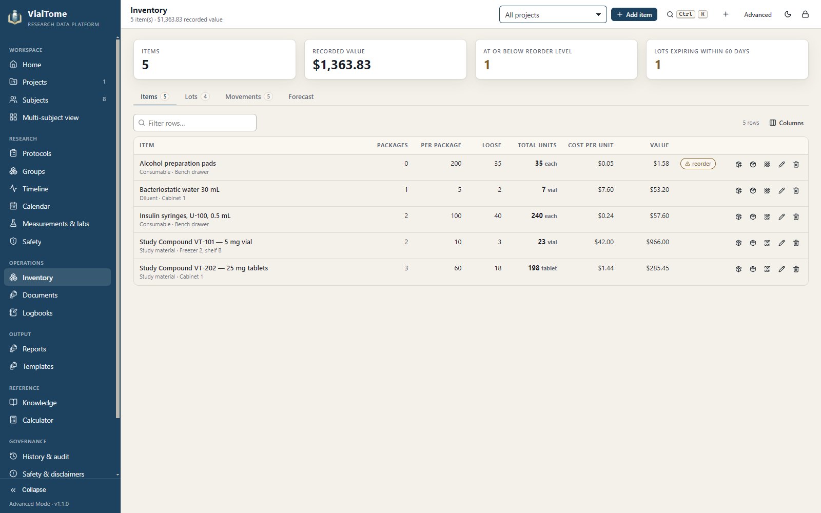 VialTome inventory with package and unit accounting