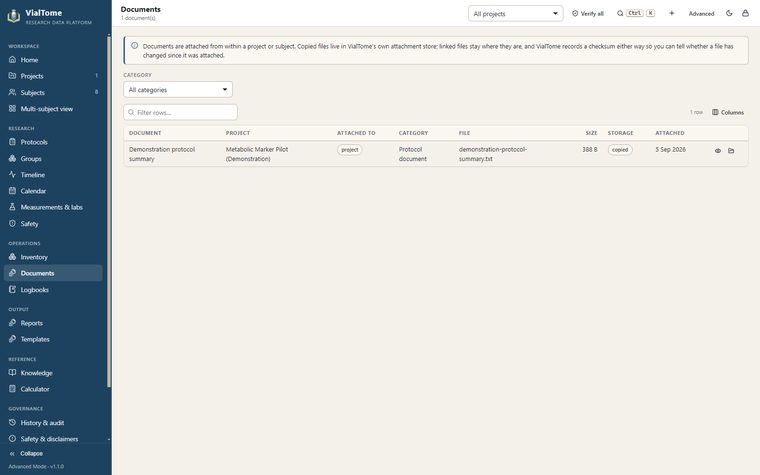 Documents — A register with checksums, copied or linked files, and integrity verification.