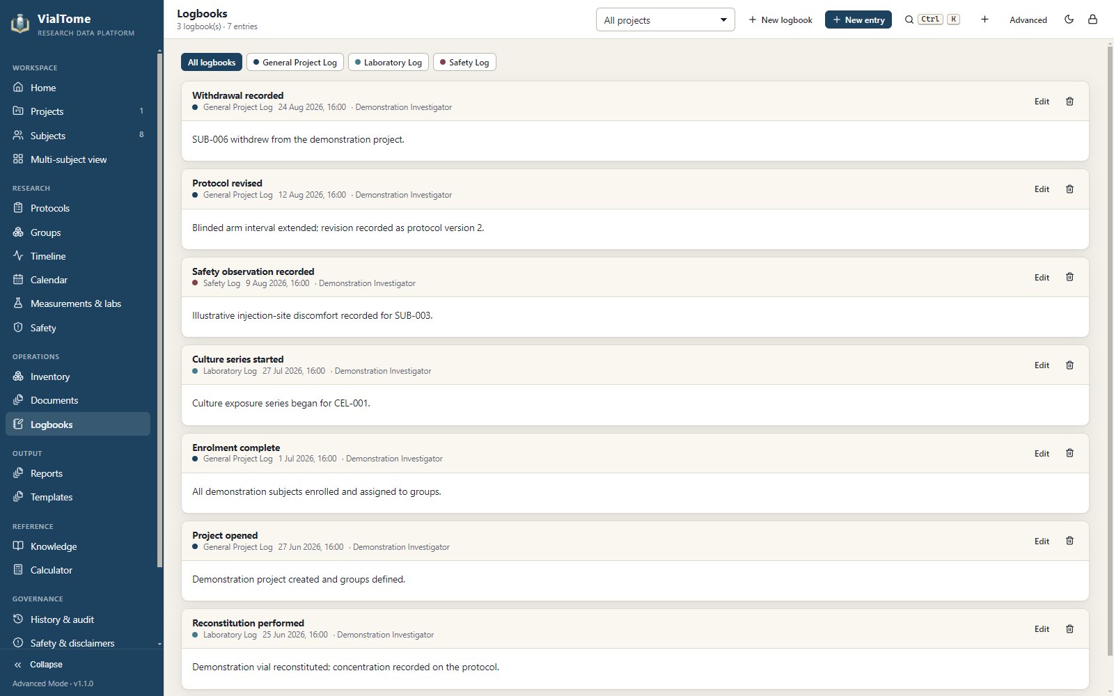 VialTome logbooks with chronological entries