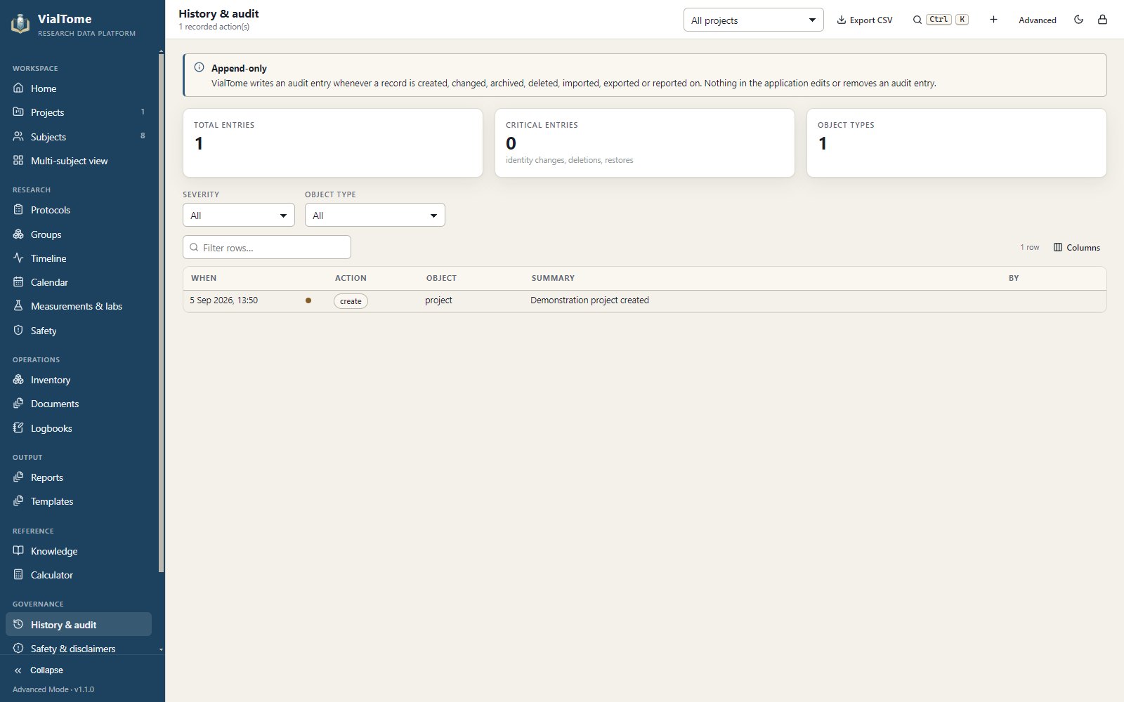 VialTome append-only audit trail