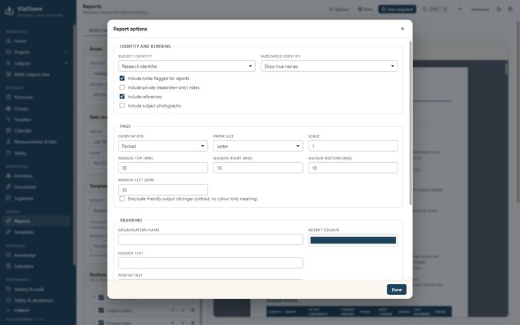 Report options — Identity, blinding, page setup and branding in one panel.