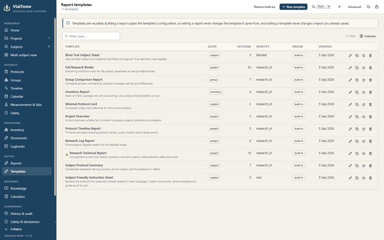 Templates — Eleven built-in templates plus any you create.