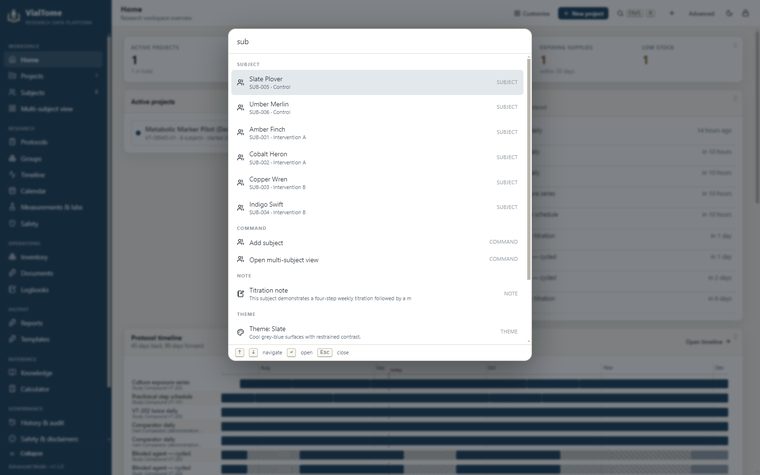 Command palette — Ctrl+K searches every record and every command.