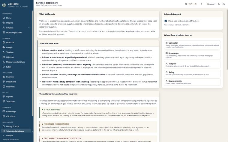 Safety & disclaimers — What VialTome is, and plainly what it is not.