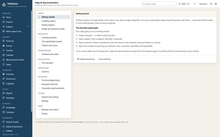 Built-in help — Seventeen topics covering every module and why it behaves as it does.