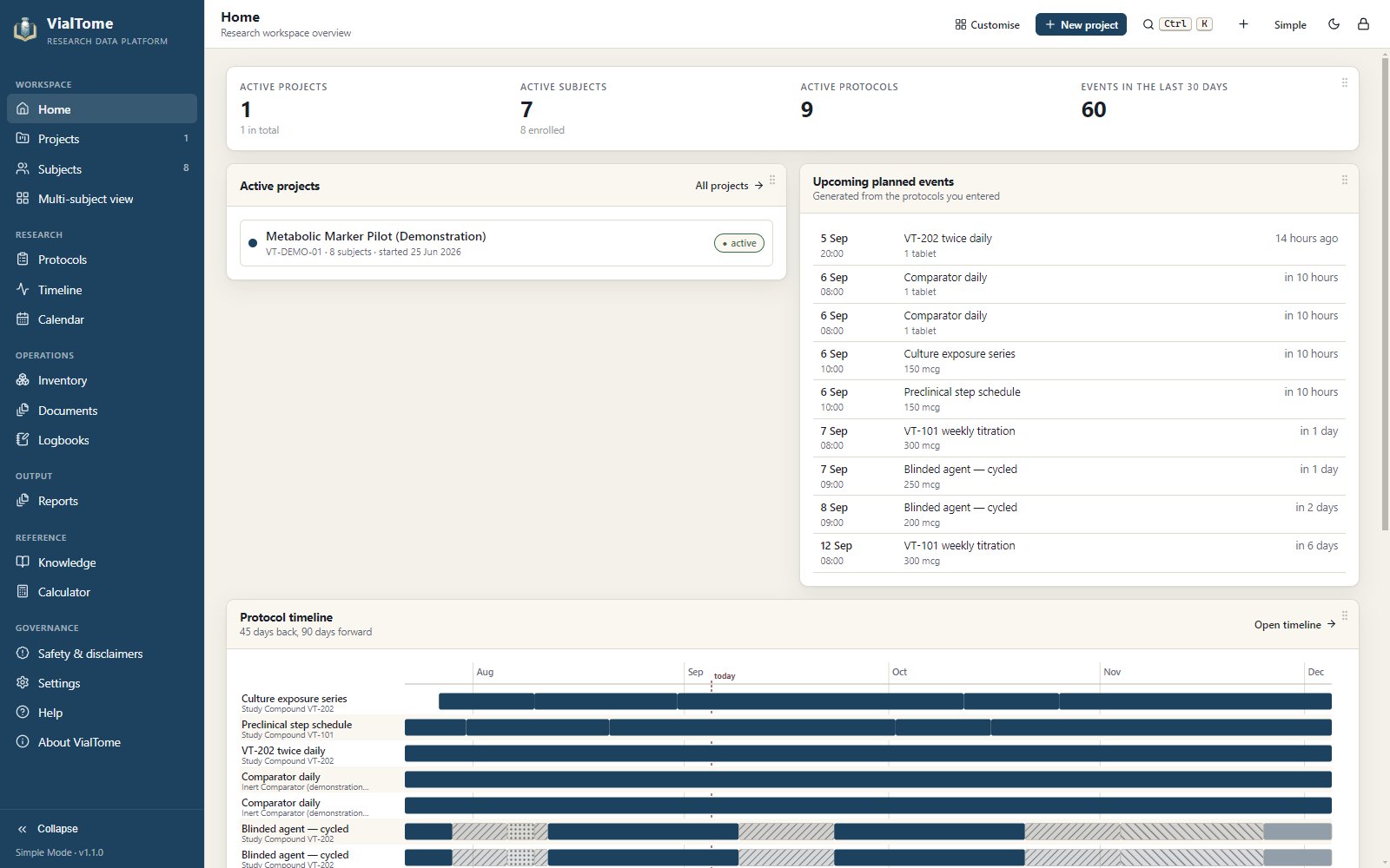 VialTome in Simple Mode with a reduced navigation
