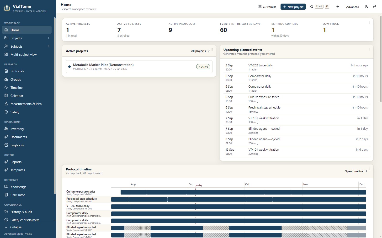 VialTome in Advanced Mode with the full navigation