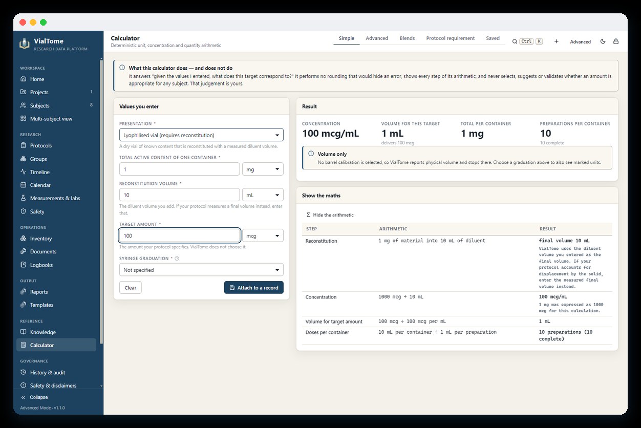 The VialTome calculator showing a concentration result and its full arithmetic trace