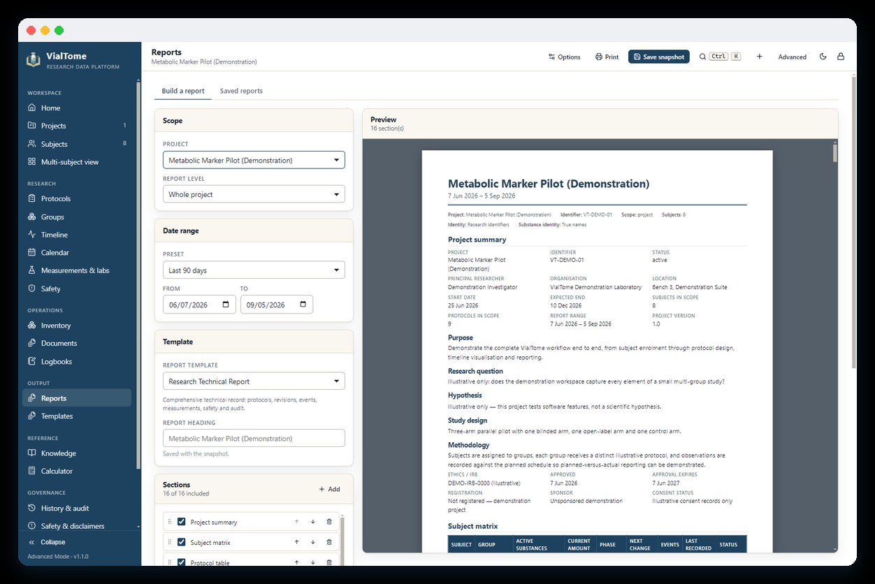 The VialTome report builder with a live paginated preview