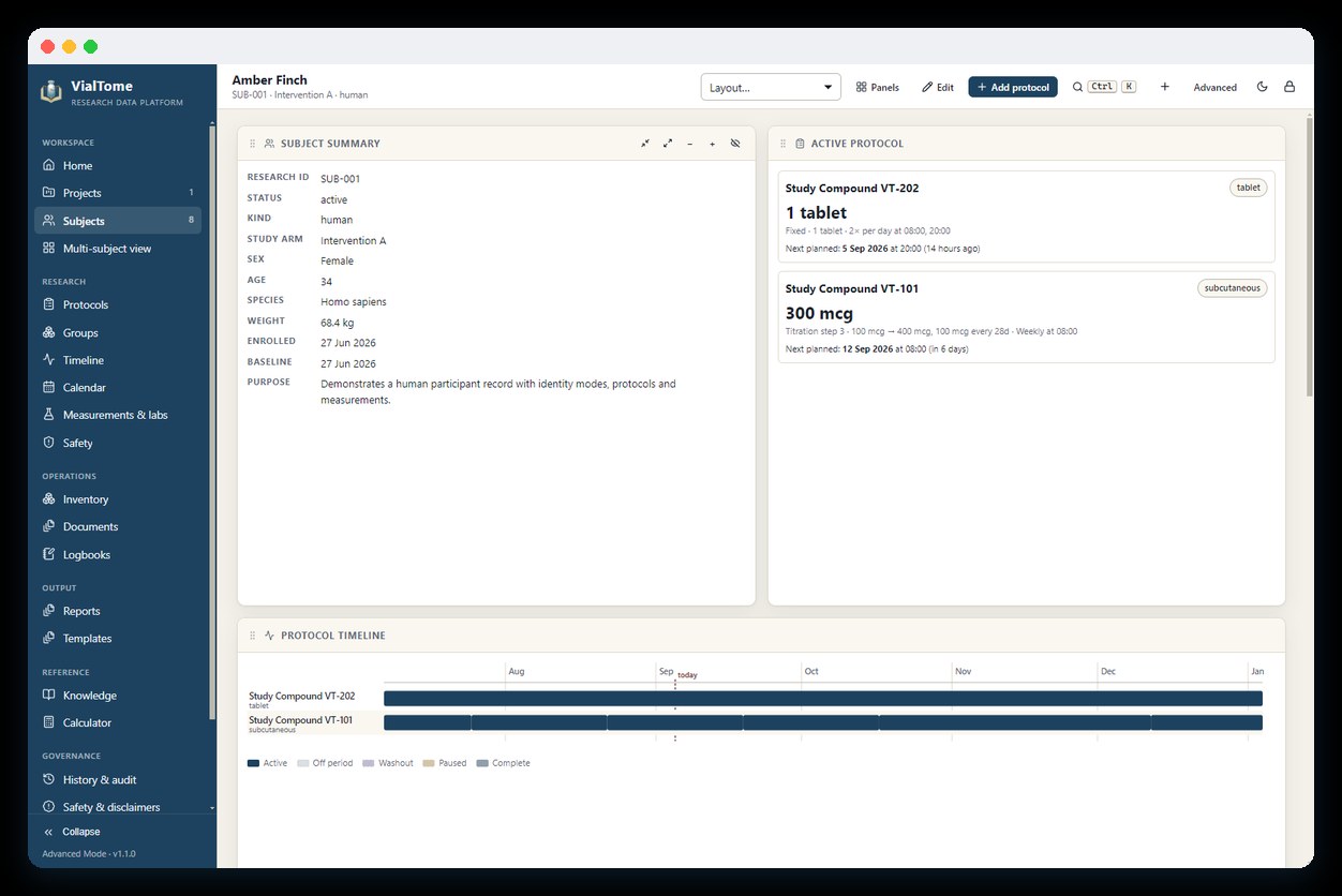 VialTome subject workspace with draggable panels